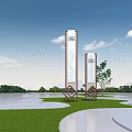Modern Outdoor Billboards With Decorative Bases Standing On Green Grassland Under Blue Sky