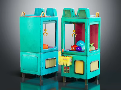 Blue Claw Crane Machines With Transparent Windows And Colorful Toys Inside 3d model