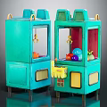 Blue Claw Crane Machines With Transparent Windows And Colorful Toys Inside