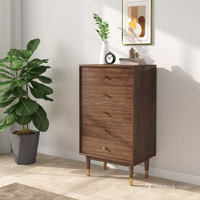 Modern Wooden Chest of Drawers with Gold Legs Near Large Green Plant and Framed Artwork 3d model 