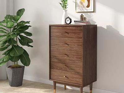 Modern Wooden Chest of Drawers with Gold Legs Near Large Green Plant and Framed Artwork 3d model