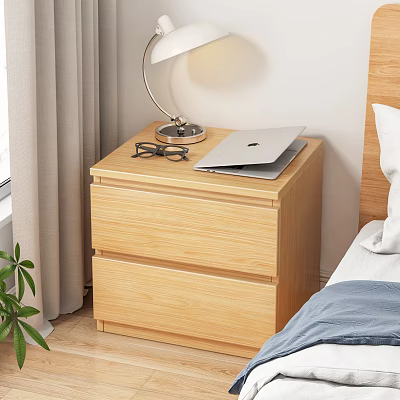 Wooden Two Drawer Nightstand With Laptop Glasses Table Lamp by Bed Near Curtains and Plant 3d model