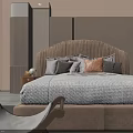 Modern Double Bed With Textured Headboard Multiple Pillows Patterned Quilt And Wooden Chair