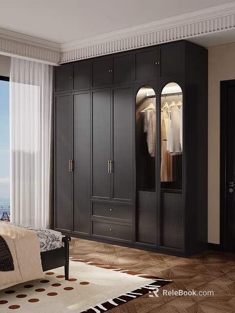 Dark Modern Wardrobe Interior Design With Glass Door Gold Handles Drawers And Hanging Clothes 3d model 