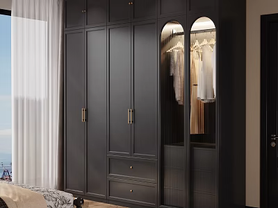 Dark Modern Wardrobe Interior Design With Glass Door Gold Handles Drawers And Hanging Clothes 3d model