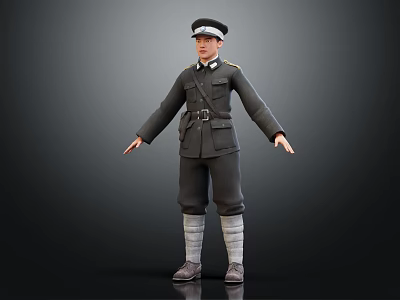Man in Military Uniform Standing Pose with Cap Belt and Boots 3d model