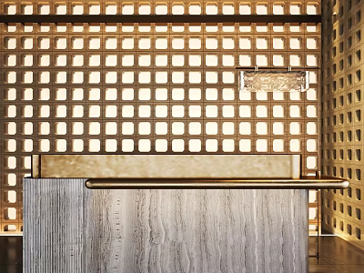 Elegant Wooden Reception Desk With Warm Lighting And Lattice Wall Design 3d model