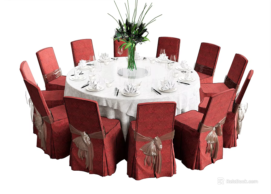 Round Dining Table Set With White Tablecloth Red Chairs Bowknot Details And Green Plant Centerpiece 3d model 