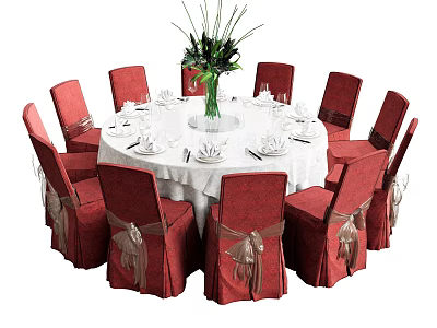 Round Dining Table Set With White Tablecloth Red Chairs Bowknot Details And Green Plant Centerpiece 3d model