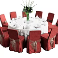 Round Dining Table Set With White Tablecloth Red Chairs Bowknot Details And Green Plant Centerpiece