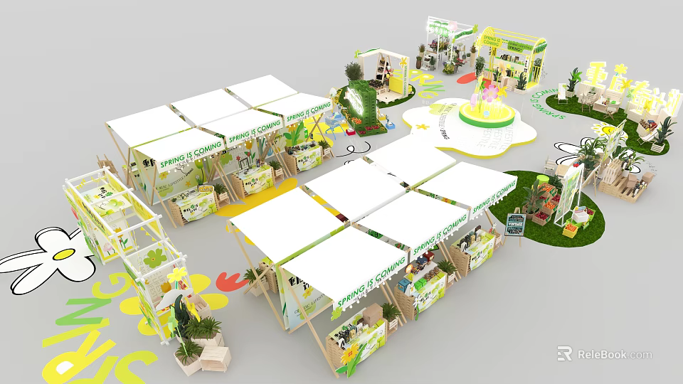 Exhibition Booths With White Canopies Green Yellow Decorations Plants And Circular Central Area 3d model 