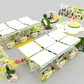 Exhibition Booths With White Canopies Green Yellow Decorations Plants And Circular Central Area
