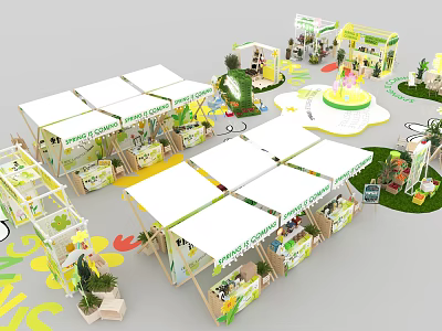 Exhibition Booths With White Canopies Green Yellow Decorations Plants And Circular Central Area 3d model