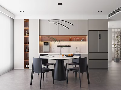 Modern Open Restaurant Interior With Round Dining Table Black Chairs And Pendant Lights 3d model