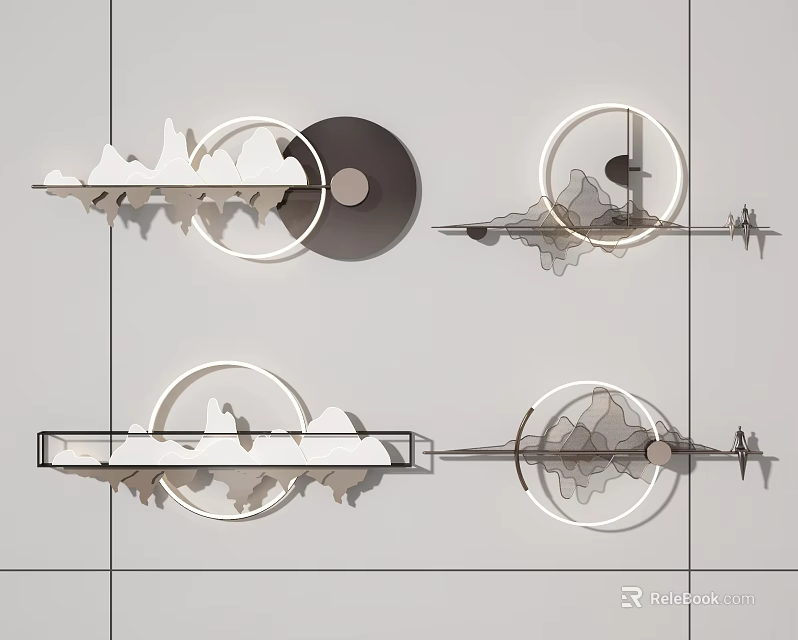 Modern Wall Decor with Circular Rings Abstract Mountain Shapes and Geometric Designs 3d model