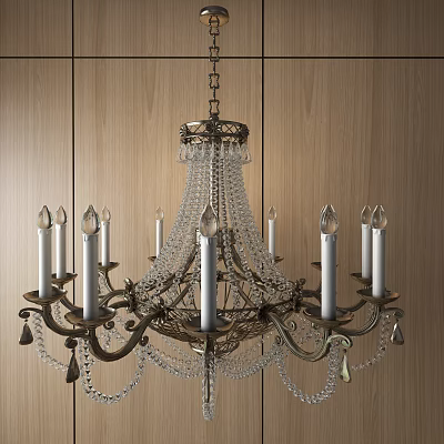 Elegant Crystal Chandelier With Candle Shaped Arms Metal Frame And Wooden Wall Background 3d model