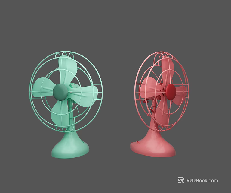 Two Retro Style Tabletop Air Conditioner Fans With Light Green And Pink Metal Frames 3d model 