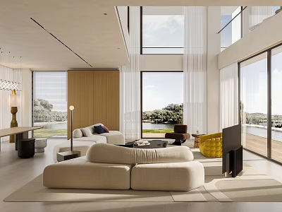 Modern Duplex Living Room With Large Windows Spacious Layout And Cozy Sofas 3d model