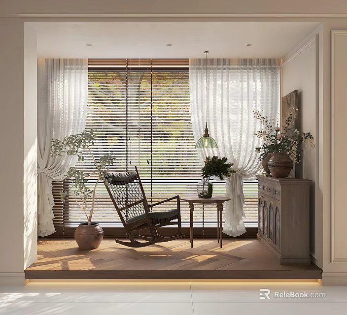 Cozy Rocking Leisure Chair With Side Table Vase Green Plant Window Blinds Curtains Wooden Floor 3d model 