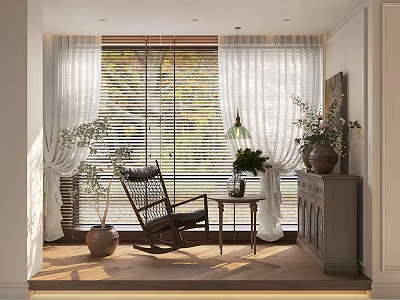 Cozy Rocking Leisure Chair With Side Table Vase Green Plant Window Blinds Curtains Wooden Floor 3d model