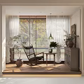 Cozy Rocking Leisure Chair With Side Table Vase Green Plant Window Blinds Curtains Wooden Floor