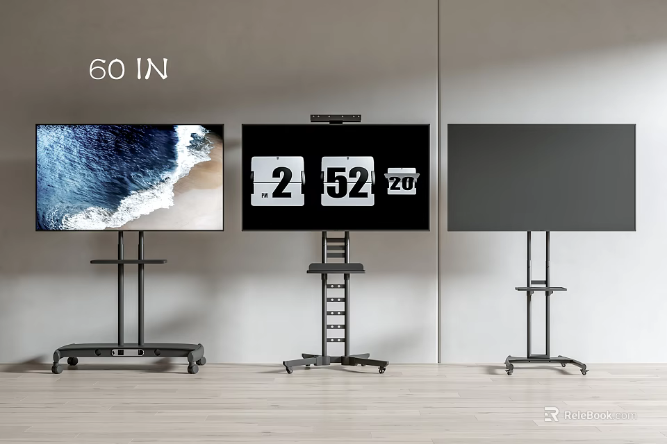 Iron Art Wheeled Floor Stands Supporting 60 Inch Screens In Modern Setting 3d model 