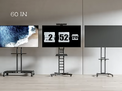Iron Art Wheeled Floor Stands Supporting 60 Inch Screens In Modern Setting 3d model