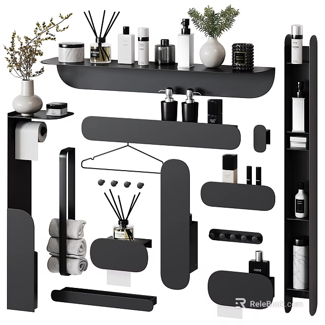 Modern Bathroom Accessories with Shelves Towel Holders Hooks and Storage Jars 3d model 