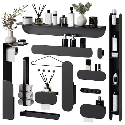 Modern Bathroom Accessories with Shelves Towel Holders Hooks and Storage Jars 3d model