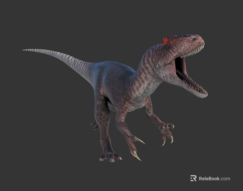 Realistic 3D Render Carnivorous Dinosaur With Open Mouth Sharp Teeth Red Head Marking 3d model 