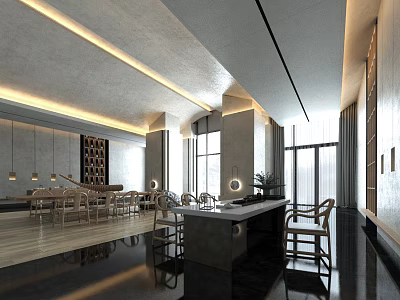 Modern Tea House Interior Design With Wooden Tables Chairs And Open Space Lighting 3d model