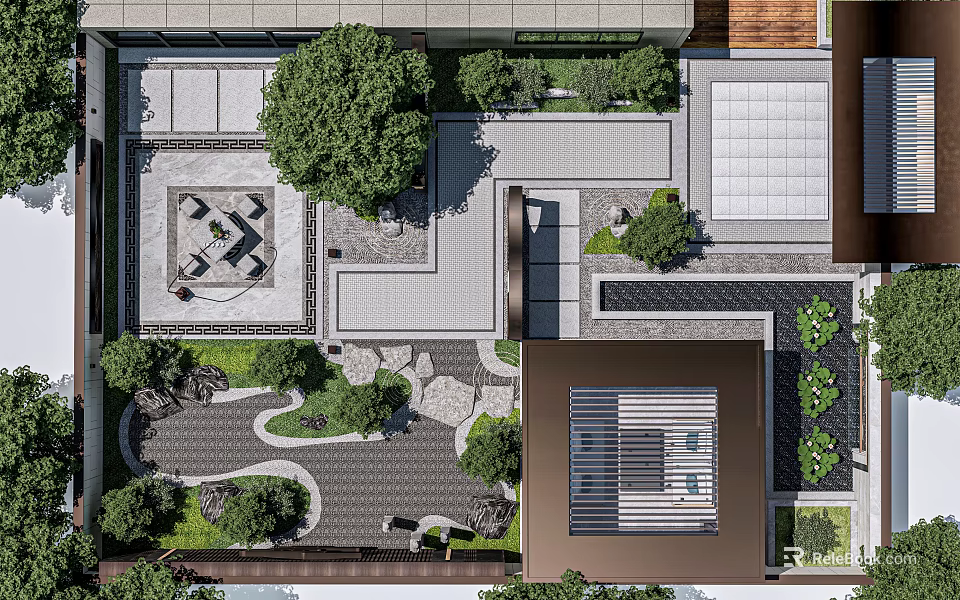 Serene Courtyard Garden Design With Stone Paths Trees Lush Greenery And Seating Area 3d model 