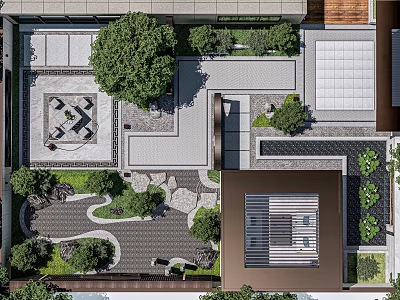 Serene Courtyard Garden Design With Stone Paths Trees Lush Greenery And Seating Area 3d model