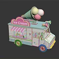 Delightful Pink And Blue Ice Cream Truck With Cone Colorful Scoops Striped Awning And Banners