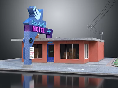 Historic Blue Swallow Motel Building With Red Brick Exterior And Neon Signage 3d model