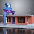 Historic Blue Swallow Motel Building With Red Brick Exterior And Neon Signage