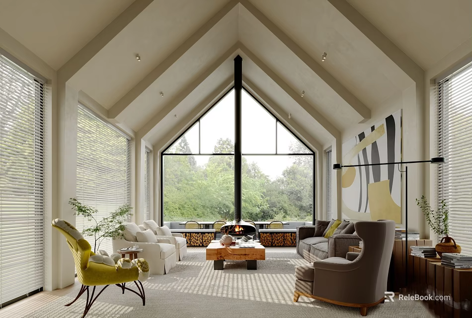Modern Living Room Interior Design With Vaulted Ceiling Large Windows Sofa Armchair Plants And Sunlight 3d model 
