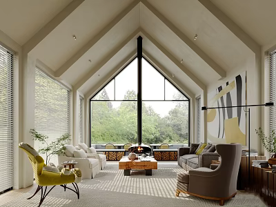 Modern Living Room Interior Design With Vaulted Ceiling Large Windows Sofa Armchair Plants And Sunlight 3d model