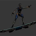 Game Movie Character With Short Hair Wearing Blue Orange Futuristic Mechanical Outfit On Hoverboard In Extended Arm Pose