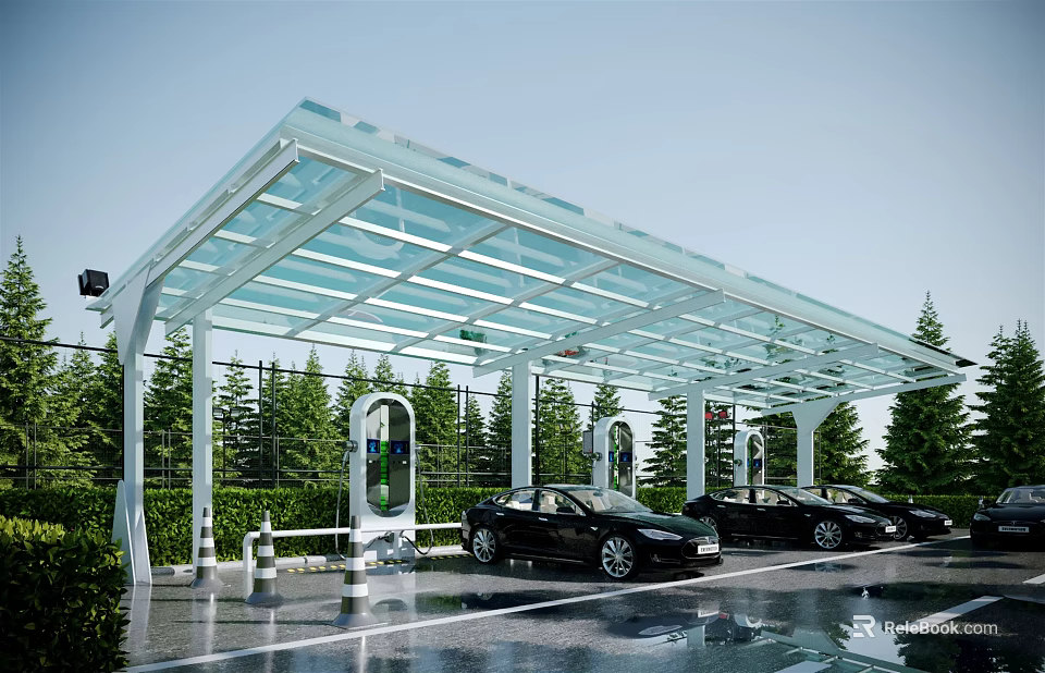 Electric Vehicle Charging Station With Glass Canopy Black Cars And Charging Ports 3d model 