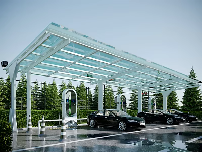 Electric Vehicle Charging Station With Glass Canopy Black Cars And Charging Ports 3d model
