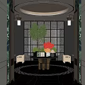 Elegant Hotel Lobby Interior With Circular Ceiling Pendant Lights Green Plant And Red Flowers
