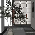 Serene Entryway Hallway With Shoji Screen Blossoming Cherry Tree And Warm Lighting