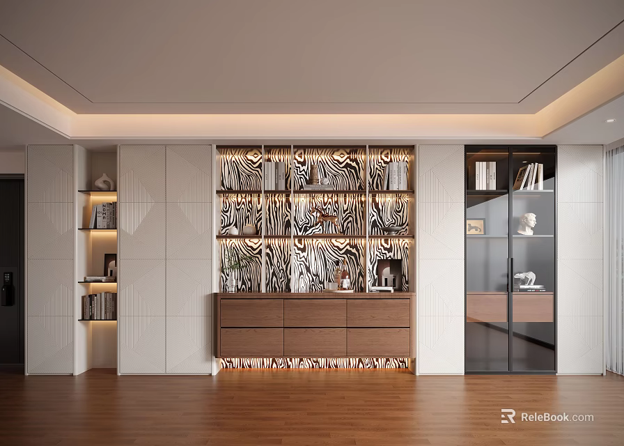 Modern Decorative Cabinet With Zebra Pattern Panels Wooden Drawers And Shelves In Living Room Interior 3d model 