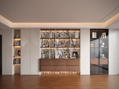 Modern Decorative Cabinet With Zebra Pattern Panels Wooden Drawers And Shelves In Living Room Interior 3d model