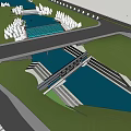 Scenic Waterside Landscape Design With Green Space River Bridge And Pathway