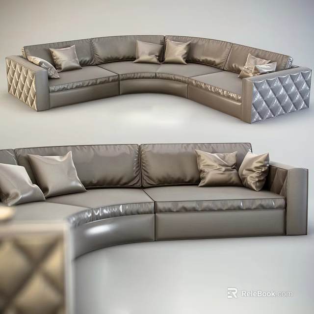 Modern Gray Leather Irregular Shaped Sofa With Quilted Pillows And Details 3d model 
