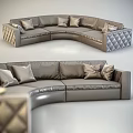 Modern Gray Leather Irregular Shaped Sofa With Quilted Pillows And Details