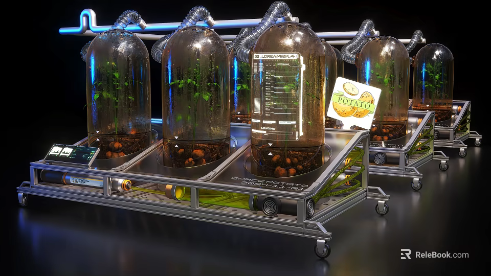 Futuristic Art Installation With Transparent Glass Containers Green Plants Blue Lighting Pipes And FOODSCAPE Label 3d model 