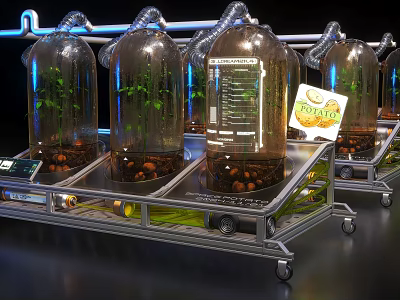 Futuristic Art Installation With Transparent Glass Containers Green Plants Blue Lighting Pipes And FOODSCAPE Label 3d model